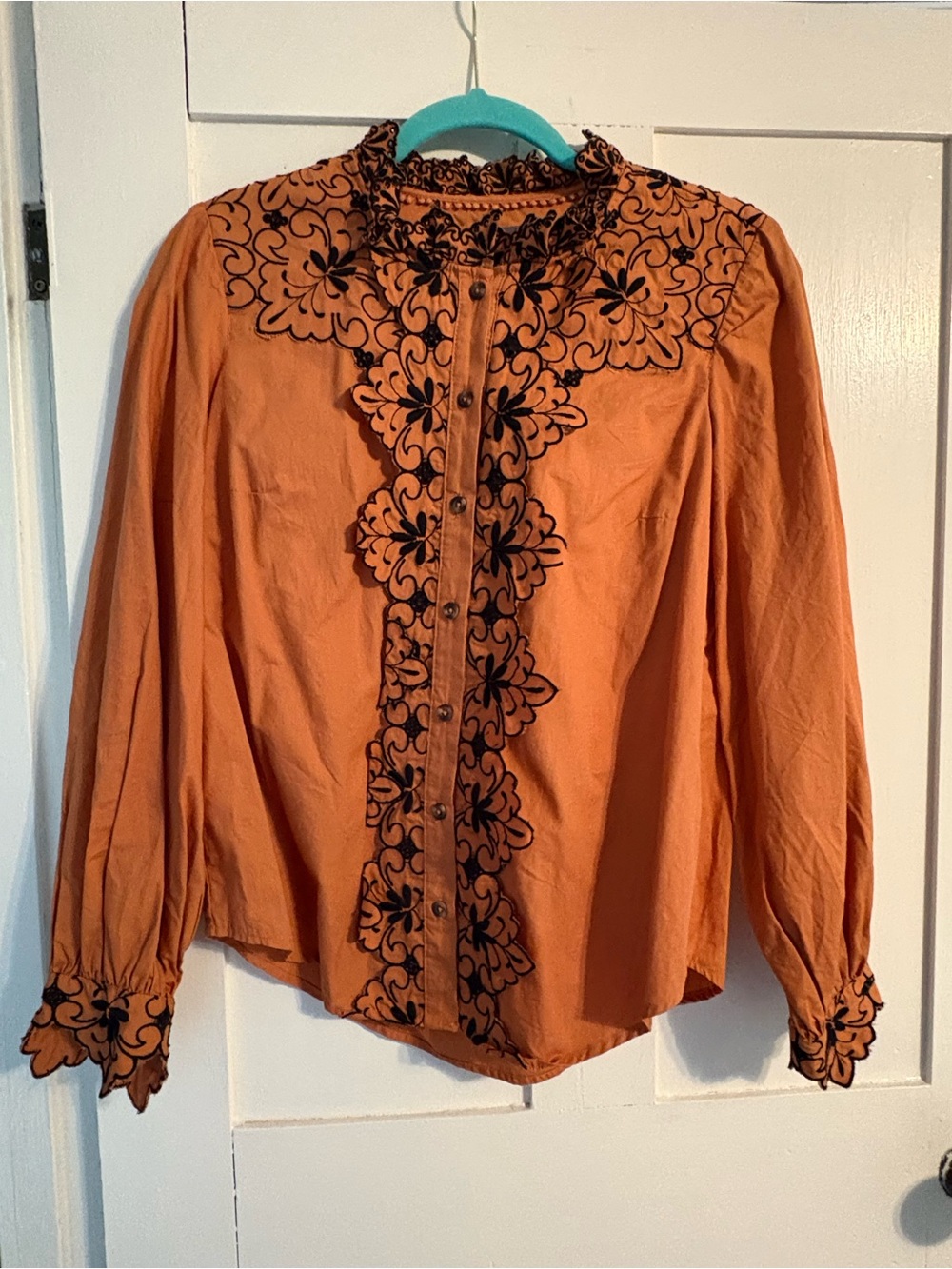 Anthropologie Orange Blouse with Black Floral Embroidery
